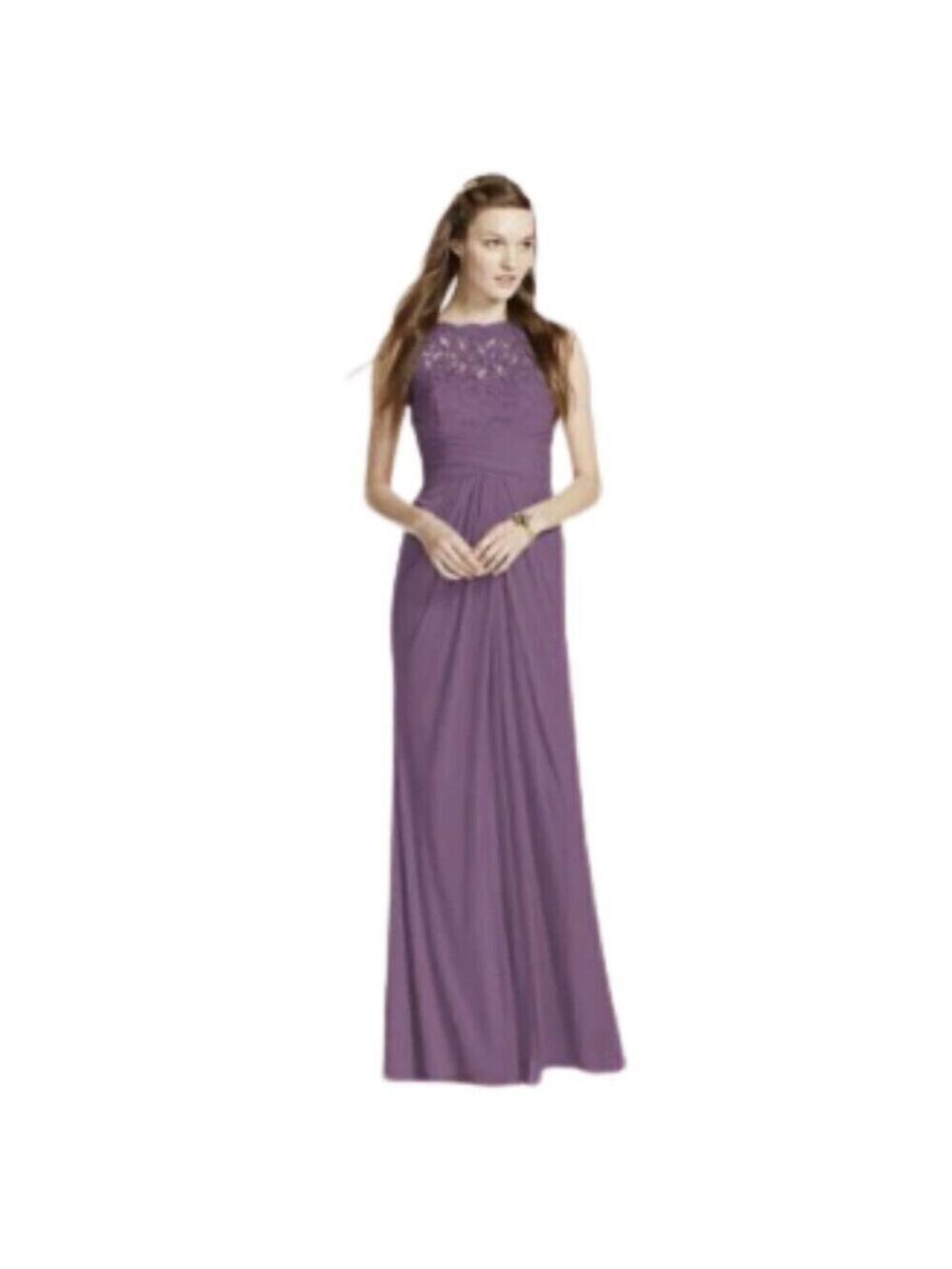 David's Bridal Sleeveless Mesh with Corded Lace Formal Maxi Dress In Plum Sz 8